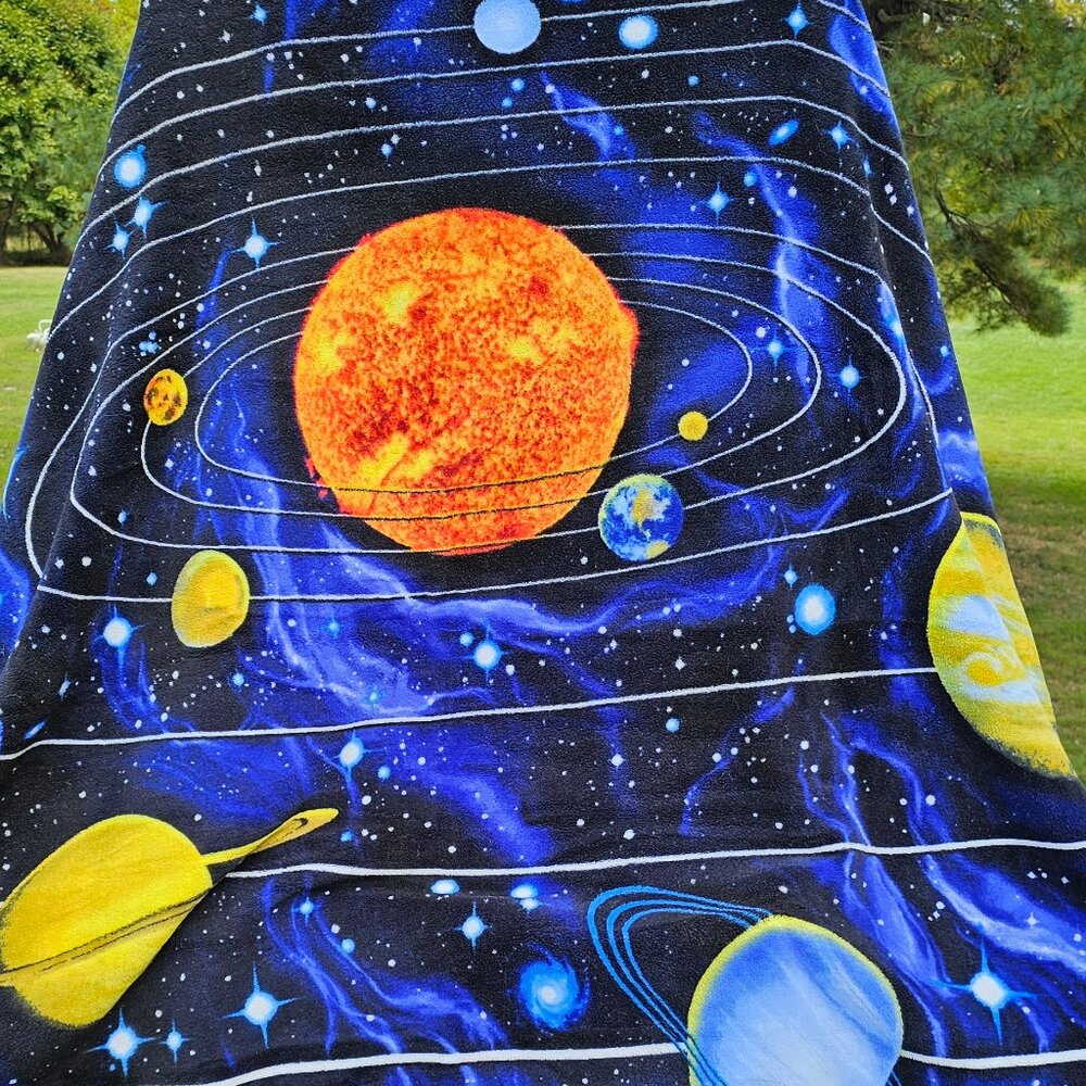 solar system themed fleece blanket sun planets cosmic background Uncle Jerrys Ts
